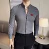 new Spring Rose Brooch Men Shirts & Blouses Lg Sleeved Slim Fit Stand Collar Mens Dr Shirt Party Prom Social Male Shirts L6DJ#