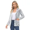 KK Donna Shiny Blazer Scintillanti Paillettes Cappotto Lg Manica Risvolto Giacca Colletto Festa di nozze Costumi di scena Capispalla Streetwear o09v #