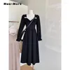 Casual Dresses Vintage Sweet Long Sleeve Solid Color Slim Fit Midi 2024 Winter Women Elegant Square Collar Chiffon A-Line Dress