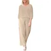 Women's Two Piece Pants 2024 Outfits Summer Cotton And Casual Elegant Solid Color V-Neck Loose Fiber Sets