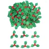 Party-Dekoration 100pcs Mini Glitter Grüne Holly Blatt Red Berry Weihnachtsschmuck Künstliche Blätter Kleber DIY Art Stoff Accessoires