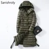 Sanishroly 2022 Winter Witte Eendendons Puffer Jas Vrouwen Lg Ultra Lichte Down Jas Parka Vrouwelijke Capuchon Bovenkleding Met riem O2hE #