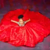 2024 고급스러운 붉은 크리스탈 플라워 드레스 드레스 깎아 지른 볼 볼 가운 어린 소녀 웨딩 드레스 친교 대회 가운