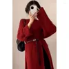 Casual Dresses SuperAen 2024 Korean Chic Winter Red Round Neck High Slit Design Knee Length Long Knit Dress