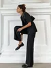 Женские брюки из двух частей Jyate 2024, летний черный костюм с v-образным вырезом и коротким рукавом, комплект с высокой талией и широкими штанинами, модная повседневная одежда, наряд