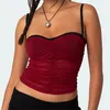 Women's T Shirts Women Mesh Ruched Cami Top Spaghetti Strap Contrast Trim Bustier Camisole Sweetheart Neck Patchwork Tank Going Out Y2k Tees