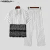 Men's T-Shirts 2023 Men Sets Lace Striped Patchwork V Neck Short Sleeve Shirt Pants Two Pieces Sets Streetwear Transparent Men Suits24328