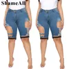 Plus Size Street Punk Hollow Stretchy Shorts 4XL Femmes Ceinture d'été Stiching Trou déchiré taille haute Party Club Short Denim Jeans v8FO #