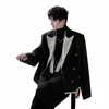 Net Celebrity Splice Design Casual Blazers Homme Coréen Streetwear Fi Vintage Double Boutonnage Costume Veste Blazer Manteau i2A4 #