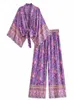 Vintage Chic Donna Viola Stampa floreale Abiti Corto Kimo Robe Abiti bohémien Pantaloni larghi 2 pezzi Ray Boho Set costume da bagno r1WK #