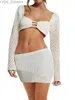 Skirts Skorts Kimydreama Women Summer Sexy Crochet Outfits Long Sleeve Cutout Crop Tops and Wrapped Mini Skirt Beach Party Matching Set yq240328