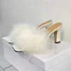 Slippels High Heel Dames Square Peep Toe Feather Runway schoenen vrouwelijk zwart witte dikke gladiator s nieuwste zomer met doos SZ 36-45