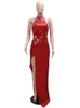 Beyprern Linda Red Shimmer Veet Rhinestes Maxi Dr Glam Sleevel Alta Fenda Lantejoulas Metálicas Festa Dr Clubwear A02C #