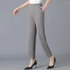 Pantaloni da donna Moda Donna Casual Inserto a righe Primavera Estate Madre coreana Vita alta Tasche larghe elastiche Pantaloni a matita grigi