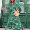 Vestidos casuales Mujeres Bohemia Vestido de verano Impresión geométrica Escote con cordones Mangas de soplo Vestido largo Vacaciones Playa Robe A-Line Vestidos
