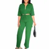 Elegante damesset Casual korte mouw met trekkoord, korte blouse, hoge taille, rechte broek met wijde pijpen, trainingspak, tweedelige outfit O6EW #