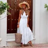 Festklänningar boho spetsklänning kvinnor vit lång sommar avslappnad lapptäcke maxi ärmlös v hals sundress elegant kvinna