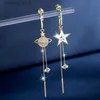 Charm New Trend Star Earth Long Tassel Pendant Earrings Womens Crystal Statement Pendant Earrings Wedding Party Jewelry Y240328