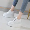 Casual Shoes Krasovki 10cm Genuine Leather Platform Wedge Women Autumn Spring Bling Vulcanized Lace Up Hidden Heels Chunky Sneakers