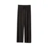 Mulheres Vertical Stripe Ice Silk Wide Leg Calças Primavera e Verão Mulheres Cintura Alta Cordão Casual Stretch Calças Retas U3Az #