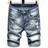 light blue ripped denim shorts men's tide brand men's five-point pants slim trend breeches men's shorts thin secti T8ni#