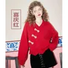 Etnische kleding 2024 Chinese stijl Buckle Red Sweater Gebreide dames feestelijke jaar V Neck veelzijdige lange mouwen Cheongsam top
