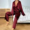 Womens Home Clothes Satin Silk Sleepwear Low Cut Sexy Pajamas For Femme SingleBreasted Long Sleeves Wide Leg Pants Trouser Set 240326