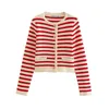 women's Ctrast Color Striped Cardigan Short Coat Round Neck Knitted Sweater Jacket Work Office-Lady Temperament Sweater Coats 40Kx#