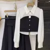 작업 드레스 Neploe Korean Fashion Lapel Neg Long Sleeve Tops Women Y2K High High Waist Ruched Skirts 2024 Spring Black Two Piece 세트