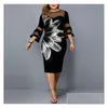 Plus Size Jurken Dames Casual Bloemenprint Mesh Werk Midi Kant 3/4 Mouw Feest Zomerjurk Voor Bruiloft Kleding Drop Delivery App Dhmyn