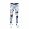 High Street Fi Homens Jeans Retro Light Blue Stretch Skinny Fit Rasgado Jeans Homens Couro Remendado Designer Hip Hop Marca Calças f1Ko #