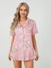 Startseite Bekleidung Damen-Pyjama-Set aus Satin mit Cartoon-Schleife, kurzärmlig, gekerbtes Revers, Oberteil mit elastischen Taillen-Shorts, Loungewear-Nachtwäsche, Zwei