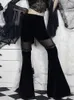 Damenhose WOWOOTD E Girl Leg Belted Flared Y2K Velvet Gothic Durchsichtig Winter Mesh Patchwork Grunge Streetwear Vintage Schwarz