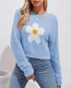 Zaful kvinnors fuzzy stickade tröja blommig tusensköna tryck långärmad besättning nacke fluffig casual pullover grödor