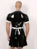 men Maid Uniform Outfit Patent Leather Short Puff Sleeve Zipper Dr with Apr Costume Sexy Sissy Crossdring Fancy Dres Q8lx#