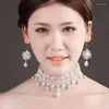 Halsband örhängen set kvinnor halsband brud bröllop lady vit blomma spets pärlpärl droppe choker chunky mode smycken