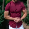 2023 New Trend Solid Color Stand Collar Shirt Men's Fi Casual Cardigan Short Sleeve Summer Muscle Men's Shirt f0eD#