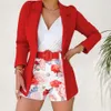 2 StuksSet Vrouwen Blazer Shorts Set Bloemenprint Pak Jas Effen Kleur Lange Mouwen Lady Outfit Voor Daitng 240328