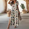 Casual Kleider 2024 Frühling Vintage Muster Drucken Langes Kleid Frauen Elegante V-ausschnitt Seite Split Party Sommer Kurzarm Lose Boho