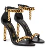 Berühmte Sommer-TomXford-Kettenbesatz-Kalbsleder-Sandalen-Schuhe Frauen-Goldketten-Absatz-Dame-Gladiator-Sandalen-elegantes Gehen EU35-43