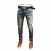 Streetwear Fi Erkekler Kot Retro Mavi İnce Fit Yıkılmış Yırtık Kot Patchwork Tasarımcı Vintage Sıradan Denim Pantolon Hombre K2QY#