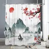 Занавески для душа Красная ветка цветения сливы Японская китайская занавеска Восточное солнце Туманные горы Чернила Природа Пейзаж Искусство ванной комнаты