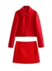 Traf vårkvinnor mode kort blazer kappa casual zipprt jacka hög midje kjol röd set 240319