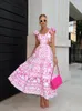 Casual Dresses Shoulder Pads Print Hollow Out Maxi Dress Bohe Square Neck Flying Sleeve Backless 2024 Lady Chic Beach Holiday Robes