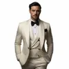 Abiti da sposa di lusso per uomo Tinta unita Luce Champagne Scialle Risvolto Monopetto One Butt Chic 3 pezzi Giacca Pantaloni Gilet m8dm #