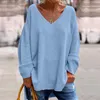 T-shirt da donna Primavera e Autunno Maglione Allentato Solido Scollo a V Pullover Orlo a maniche lunghe Slim Fit T-shirt casual Top Abbigliamento