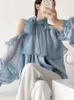 Women's Blouses Blue Ruffle Shirts Women Sexy Off Shoulder Blouse Female Summer Long Sleeve Tops Ladies Korean Fashion Bow Bandage Halter