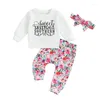 Set di abbigliamento Bambina bambino Pantaloni autunnali Manica lunga Stampa lettera Top Fascia floreale