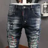 Fi Streetwear Men Jeansレトロダークブルーの弾性スリムフィットリッピングバイカージーンズジーンズ塗装デザイナーヒップホップデニムパンツメンr2vl＃