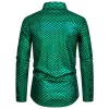 Chemise à paillettes métalliques pour hommes, motif écailles de poisson vert, marque Slim Lg manches Dr chemises hommes années 70 Disco discothèque vêtements 72CW #